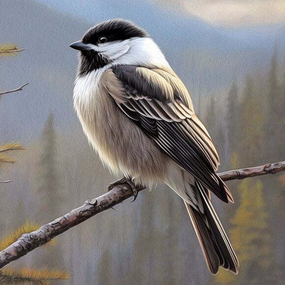 8x10 Chickadee Black‎ White Bird Watercolor Oil Painting Print - Picture 3 of 5